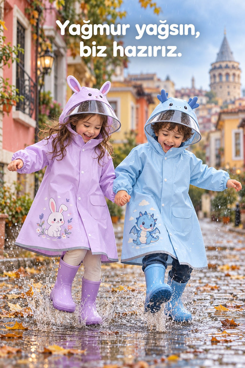 Mor tavşan ve mavi ejder yağmurluklarıyla yağmurda su birikintisine zıplayan iki çocuk