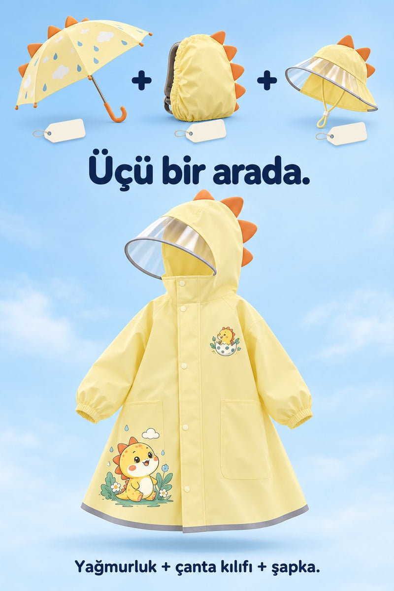 Çocuk şemsiyesi, çanta yağmur kılıfı ve yağmur şapkası yerine tek bir sarı dino yağmurluk