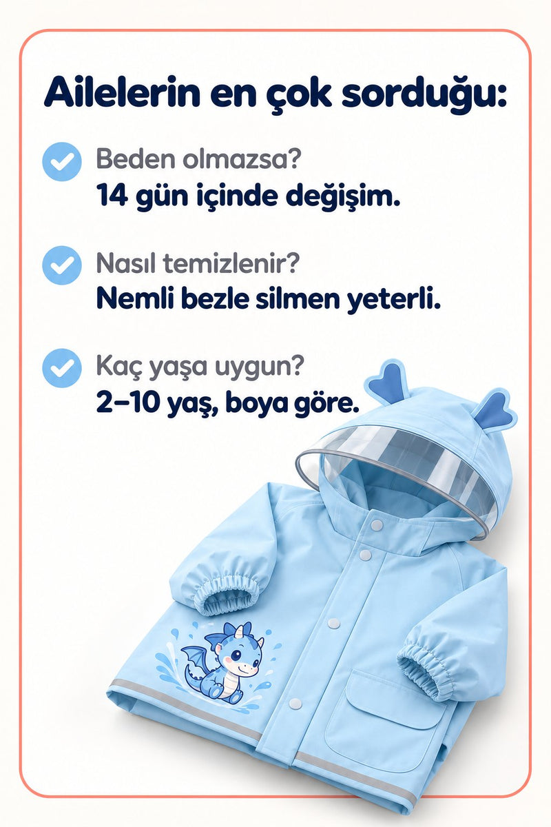 En sık sorulanların özeti: 14 gün içinde değişim, nemli bezle temizlik, 2-10 yaş arası boya göre beden