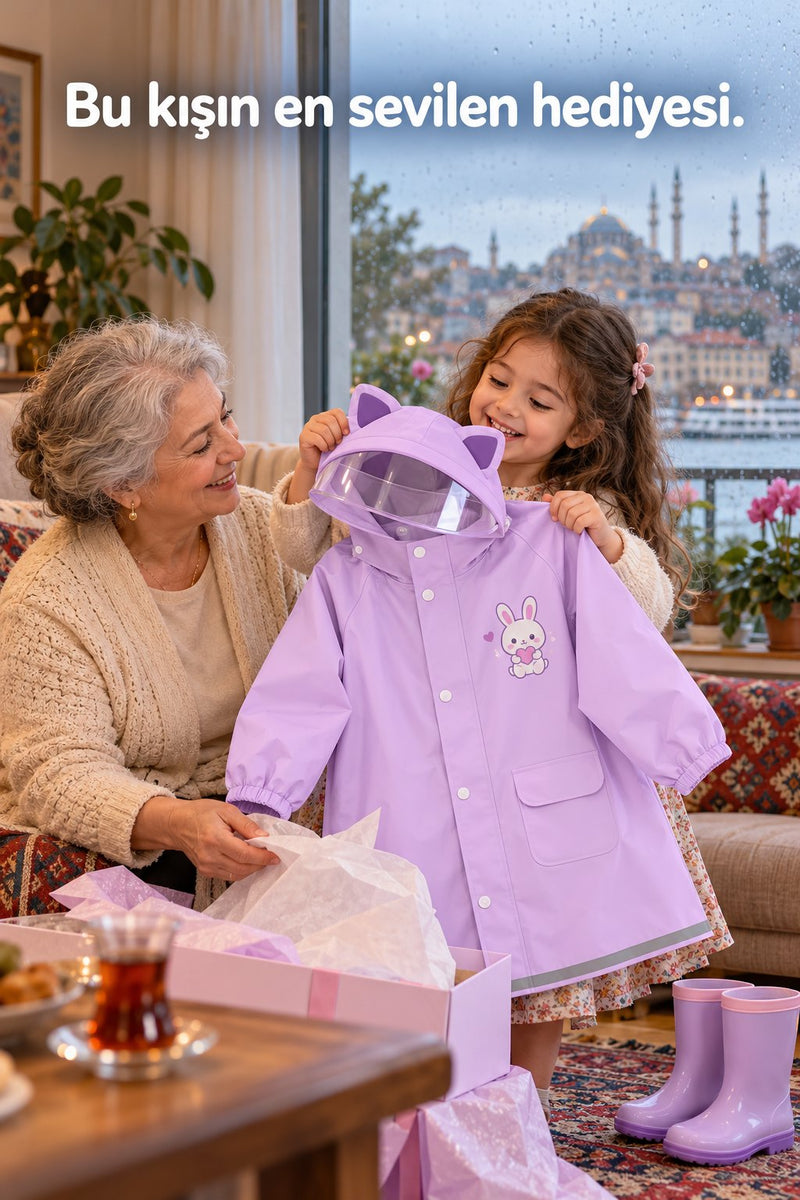Yağmurlu bir günde salonda anneannesinden mor tavşan yağmurluğunu hediye alan kız çocuğu